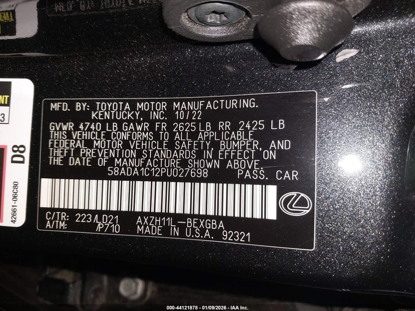 2023 Lexus Es 300h VIN 58ADA1C12PU027698 IAAI salvage auction — REAR END, Other, sold $10,800 on 2026-08-27 (photo 9)