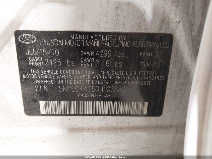 2011 Hyundai Sonata VIN 5NPEC4AC5BH106883 IAAI salvage auction — FRONT END, Unregisterable Title (Parts Only Title) (North Carolina), sold $400 on 2026-07-23 (photo 9)