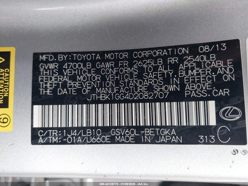 2013 Lexus Es 350 VIN JTHBK1GG4D2082707 IAAI salvage auction — LEFT SIDE, Other, sold $1,050 on 2026-07-30 (photo 9)