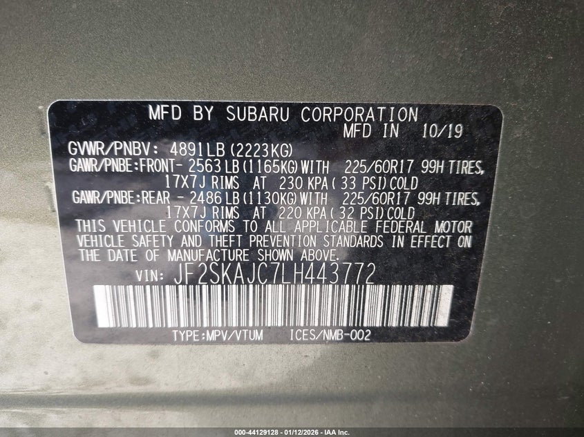 2020 Subaru Forester VIN JF2SKAJC7LH443772 IAAI salvage auction — LEFT FRONT, Salvage (Georgia), sold $4,250 on 2026-07-20 (photo 9)