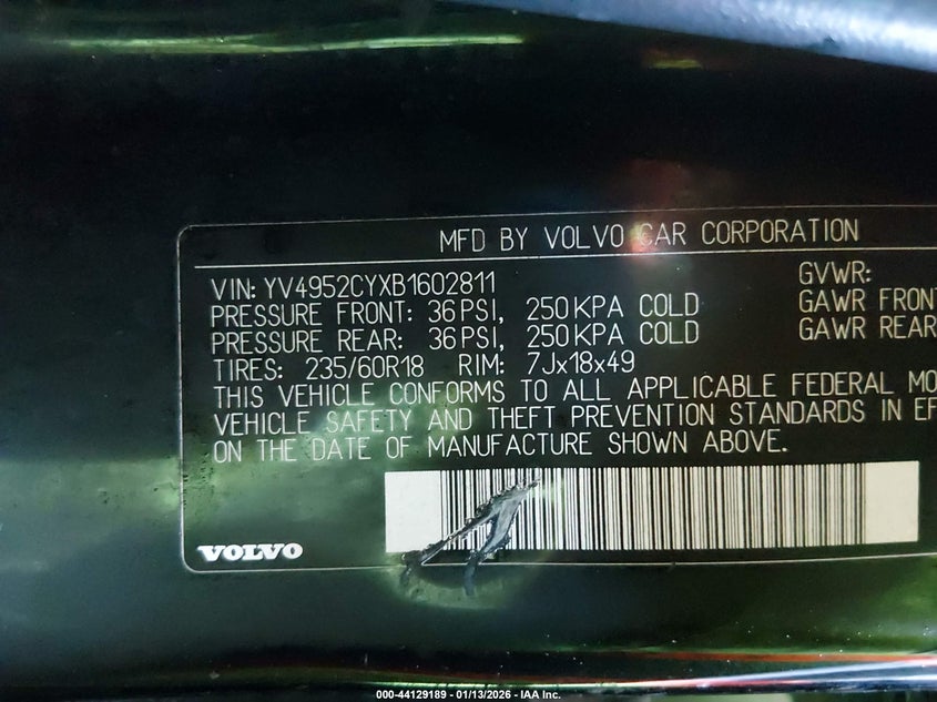 2011 Volvo Xc90 VIN YV4952CYXB1602811 IAAI salvage auction — ROLLOVER, Salvage (Louisiana), sold $50 on 2026-08-05 (photo 9)