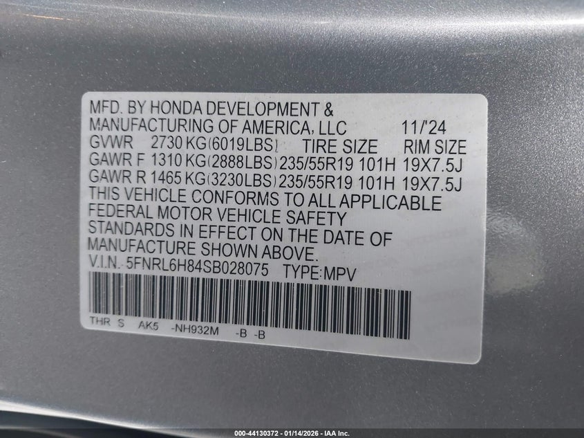 2025 Honda Odyssey VIN 5FNRL6H84SB028075 IAAI salvage auction — FRONT & REAR, Salvage Title, sold $4,550 on 2026-10-13 (photo 9)