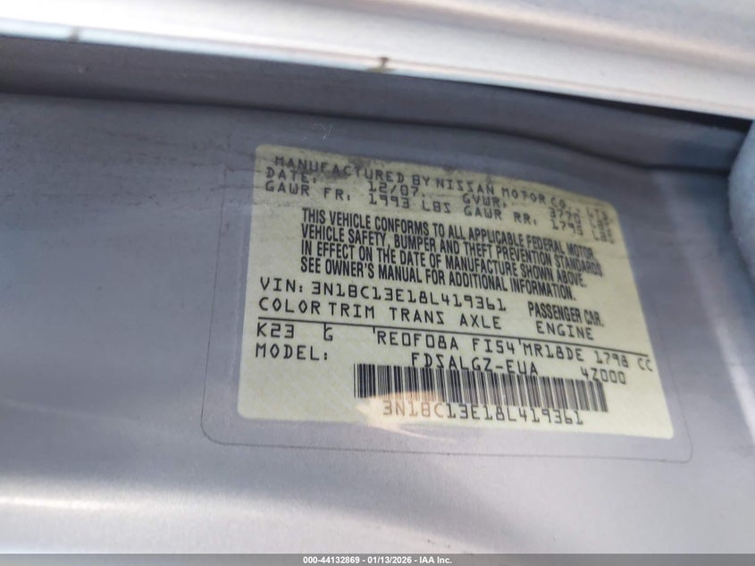 2008 Nissan Versa VIN 3N1BC13E18L419361 IAAI salvage auction — FRONT END, Salvage Certificate (California), sold $325 on 2026-07-17 (photo 9)