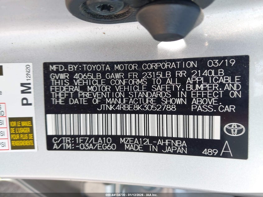 2019 Toyota Corolla VIN JTNK4RBE8K3052788 IAAI salvage auction — FRONT END, Original (Texas), sold $4,875 on 2026-07-24 (photo 9)