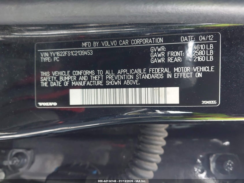 2012 Volvo S60 VIN YV1622FS1C2139453 IAAI salvage auction — LEFT FRONT, Mv-907A (New York), sold $275 on 2026-07-14 (photo 9)