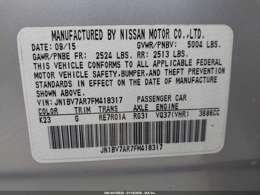 2015 Infiniti Q50 VIN JN1BV7AR7FM418317 IAAI salvage auction — RIGHT SIDE, Salvage - Greater Than 75% (Maryland), sold $3,700 on 2026-07-15 (photo 9)