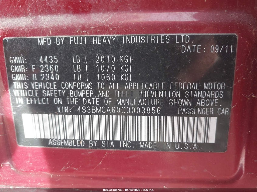2012 Subaru LEGACY VIN 4S3BMCA60C3003856 IAAI salvage auction — REAR END, Salvage Title, sold $400 on 2026-07-21 (photo 9)