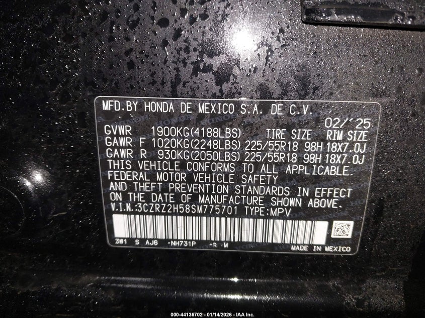 2025 Honda Hr-v VIN 3CZRZ2H58SM775701 IAAI salvage auction — FRONT END, Salvage Title, sold $6,250 on 2026-07-20 (photo 9)