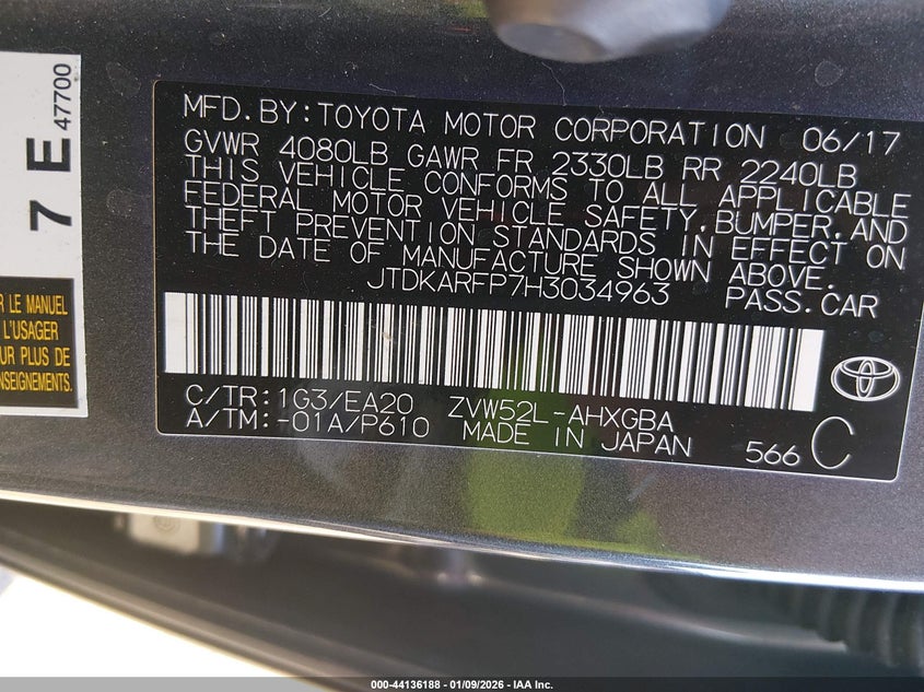 2017 Toyota Prius prime VIN JTDKARFP7H3034963 IAAI salvage auction — FRONT END, Other, sold $7,200 on 2026-07-10 (photo 9)