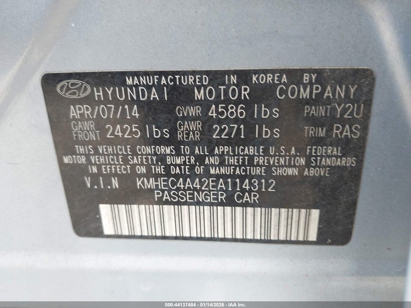 2014 Hyundai Sonata VIN KMHEC4A42EA114312 IAAI salvage auction — FRONT END, Salvage Title, sold $975 on 2026-07-29 (photo 9)