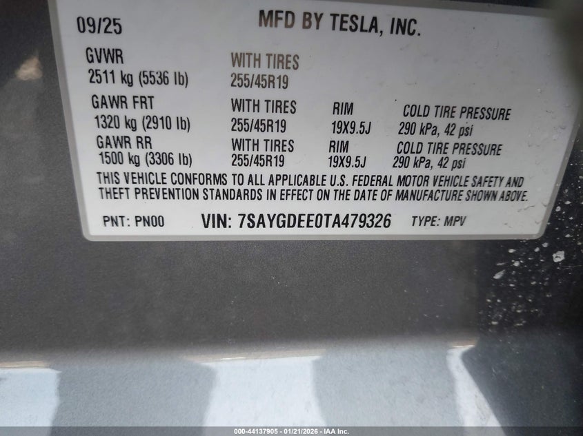 2026 Tesla Model y VIN 7SAYGDEE0TA479326 IAAI salvage auction — FRONT END, Salvage Title, sold $25,525 on 2026-07-16 (photo 9)