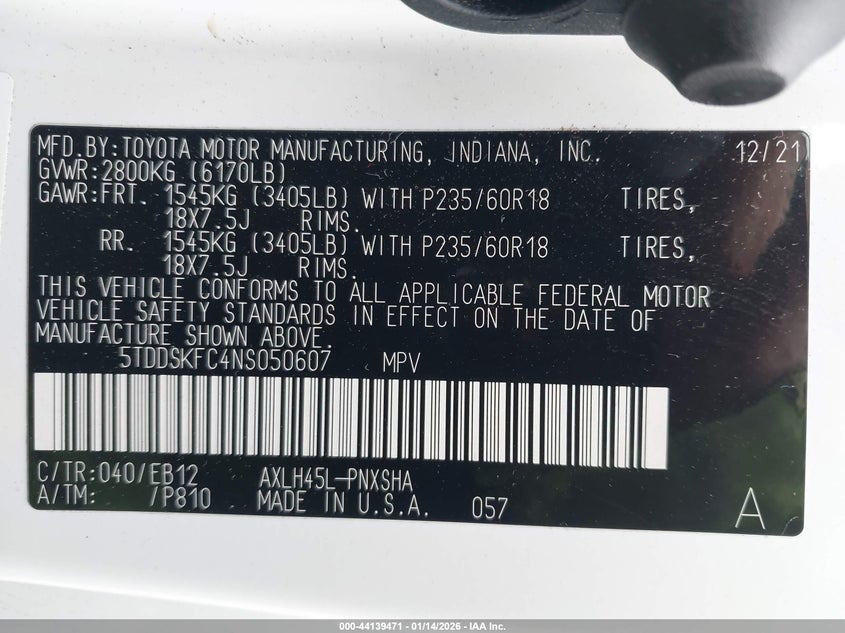 2022 Toyota Sienna VIN 5TDDSKFC4NS050607 IAAI salvage auction — REAR END, Other, sold $15,100 on 2026-07-21 (photo 9)