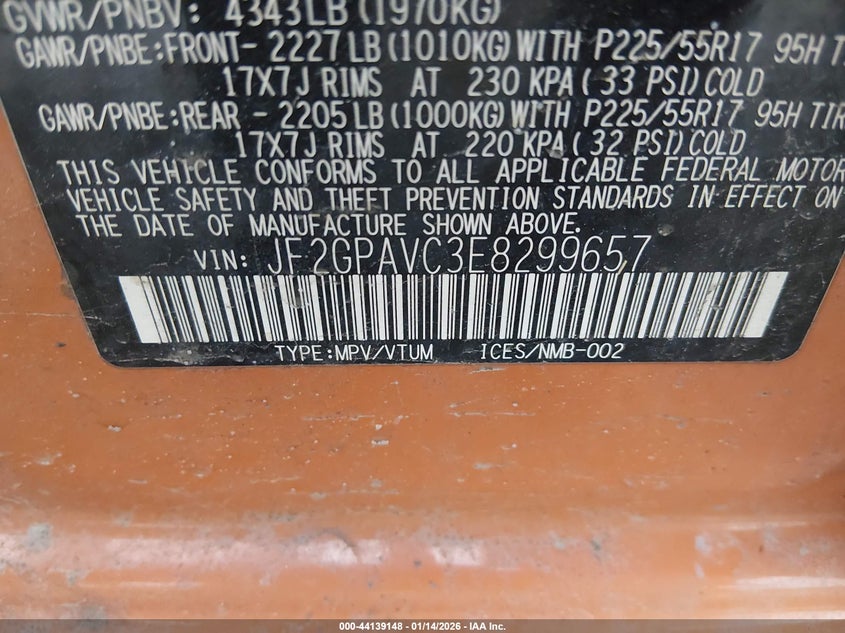 2014 Subaru Xv VIN JF2GPAVC3E8299657 IAAI salvage auction — RIGHT REAR, Salvage (Vermont), sold $2,000 on 2026-07-09 (photo 9)