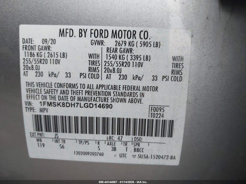 2020 Ford Explorer VIN 1FMSK8DH7LGD14690 IAAI salvage auction — RIGHT REAR, Other, sold $7,000 on 2026-07-29 (photo 9)