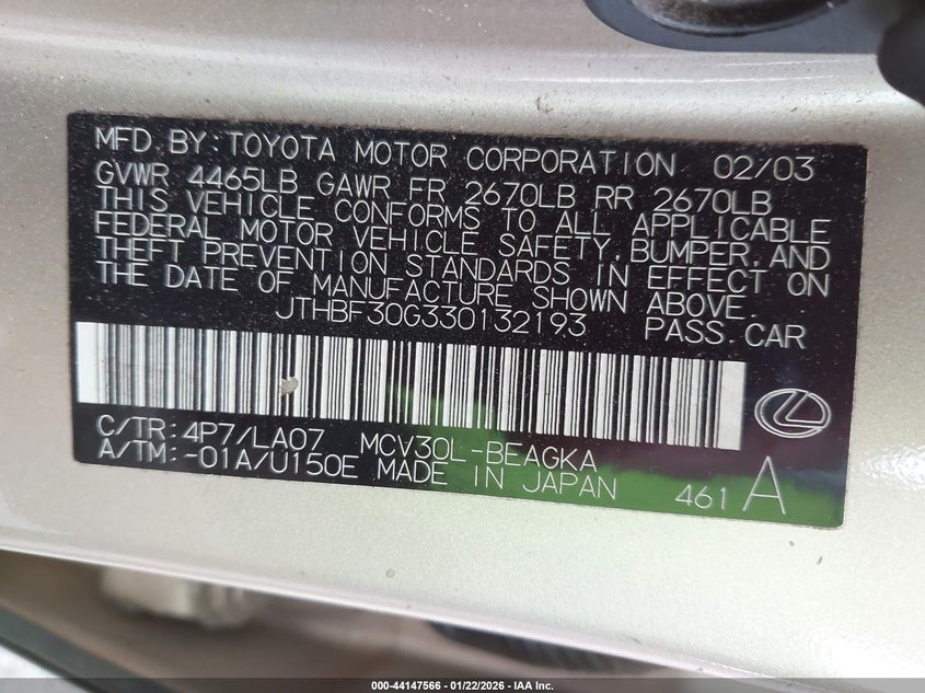 2003 Lexus ES VIN JTHBF30G330132193 IAAI salvage auction — RIGHT FRONT, Salvage (Idaho), sold $325 on 2026-07-08 (photo 9)