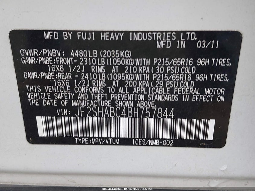 2011 Subaru Forester VIN JF2SHABC4BH757844 IAAI salvage auction — FRONT END, Salvage (Oregon), sold $2,800 on 2026-07-31 (photo 9)
