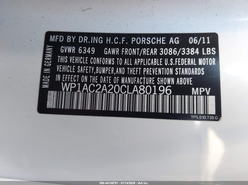 2012 Porsche Cayenne VIN WP1AC2A20CLA80196 IAAI salvage auction — RIGHT FRONT, Salvage (California), sold $125 on 2026-08-06 (photo 9)