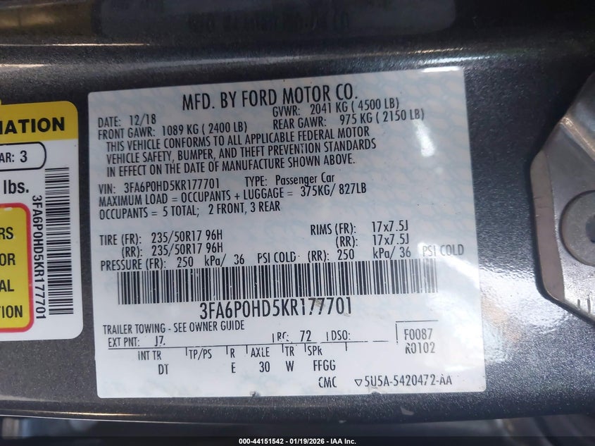 2019 Ford Fusion VIN 3FA6P0HD5KR177701 IAAI salvage auction — REAR END, Salvage (California), sold $1,625 on 2026-07-09 (photo 9)