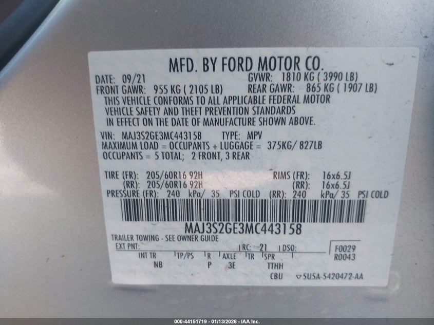 2021 Ford Ecosport VIN MAJ3S2GE3MC443158 IAAI salvage auction — FRONT END, Other, sold $1,100 on 2026-07-17 (photo 9)