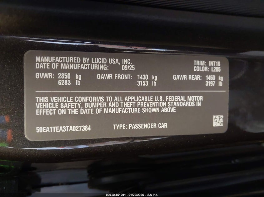 2026 Lucid Air VIN 50EA1TEA3TA027384 IAAI salvage auction — RIGHT FRONT, Other, sold $14,300 on 2026-07-16 (photo 9)