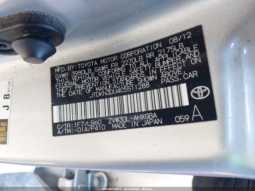 2012 Toyota Prius VIN JTDKN3DU4C5511288 IAAI salvage auction — REAR END, Salvage Title, sold $1,800 on 2026-07-29 (photo 9)