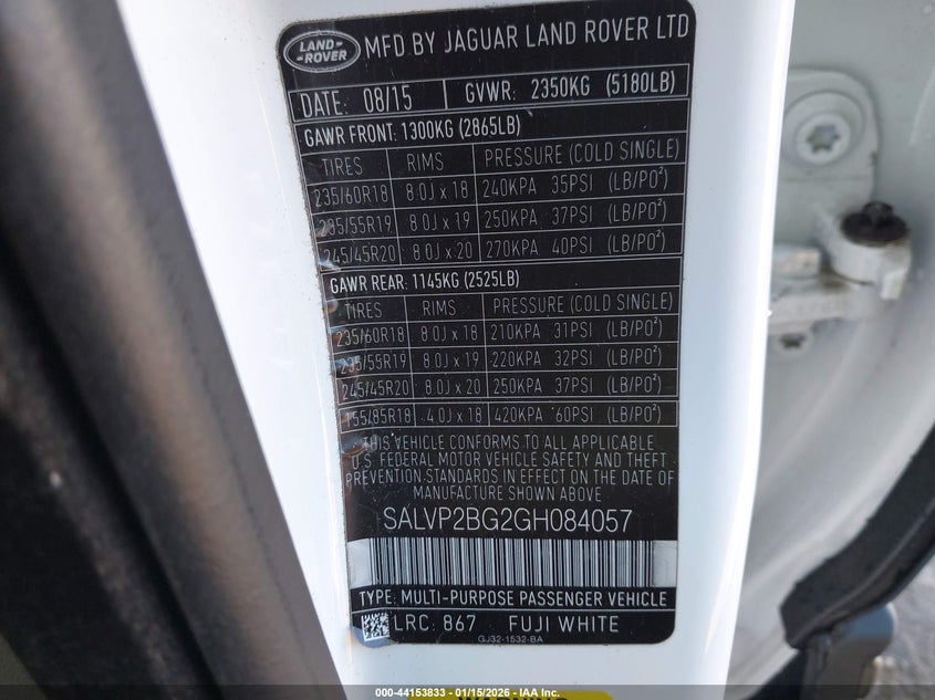 2016 Land rover Range rover evoque VIN SALVP2BG2GH084057 IAAI salvage auction — RIGHT FRONT, Clear (Oklahoma), sold $3,800 on 2026-07-08 (photo 9)