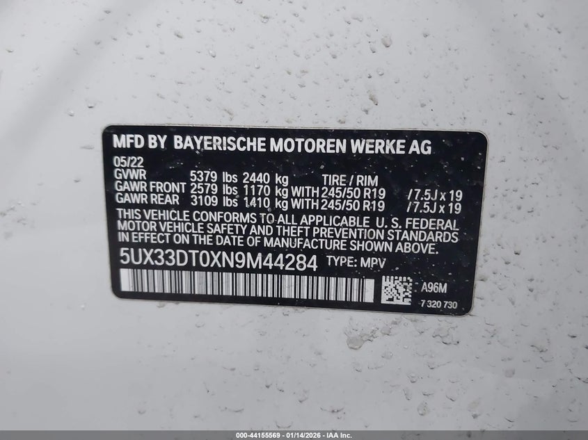 2022 BMW X4 VIN 5UX33DT0XN9M44284 IAAI salvage auction — LEFT FRONT, Other, sold $8,500 on 2026-07-24 (photo 9)