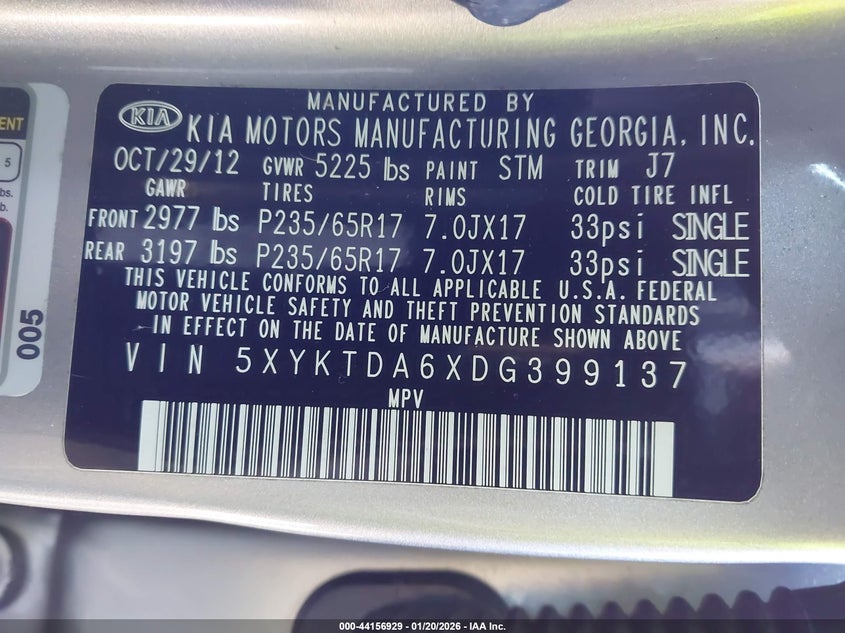 2013 Kia Sorento VIN 5XYKTDA6XDG399137 IAAI salvage auction — LEFT FRONT, Salvage (Georgia), sold $1,050 on 2026-07-29 (photo 9)
