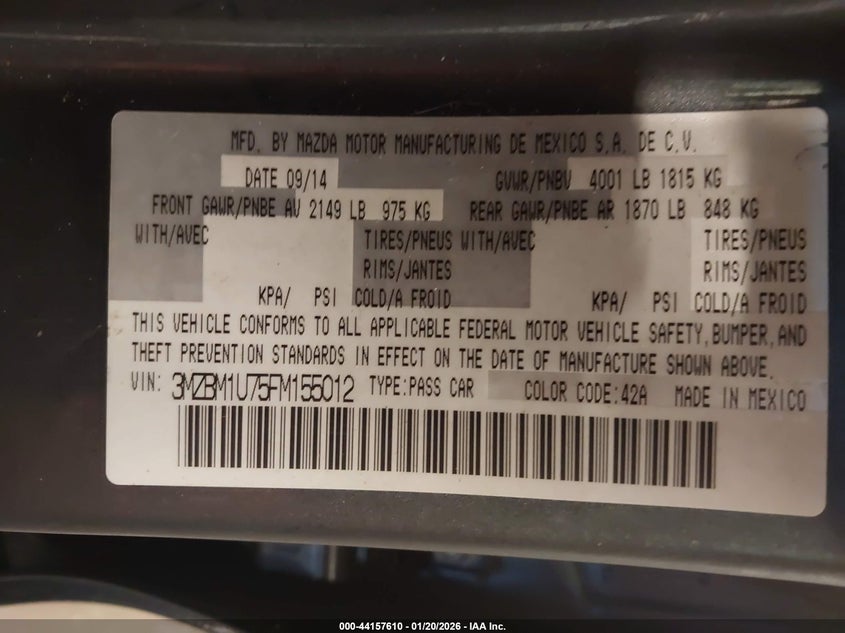 2015 Mazda 3 VIN 3MZBM1U75FM155012 IAAI salvage auction — LEFT FRONT, Other, sold $625 on 2026-07-18 (photo 9)