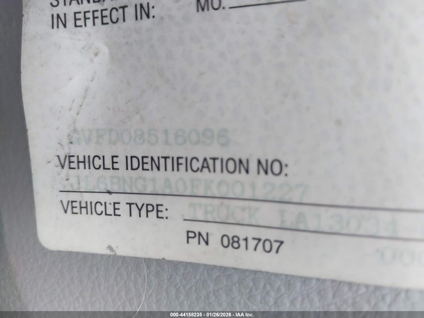 2015 VIN JL6BNG1A0FK001227 IAAI salvage auction — FRONT & REAR, Salvage Title, sold $550 on 2026-07-21 (photo 8)