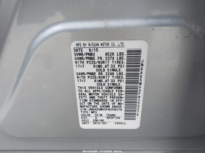 2015 Nissan Rogue VIN JN8AS5MV0FW259079 IAAI salvage auction — FRONT END, Salvage (New Jersey), sold $425 on 2026-07-13 (photo 9)