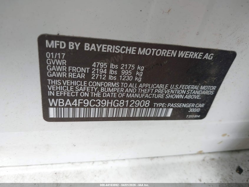 2017 BMW 4er VIN WBA4F9C39HG812908 IAAI salvage auction — FRONT END, Mv-907A (New York), sold $1,850 on 2026-07-14 (photo 9)