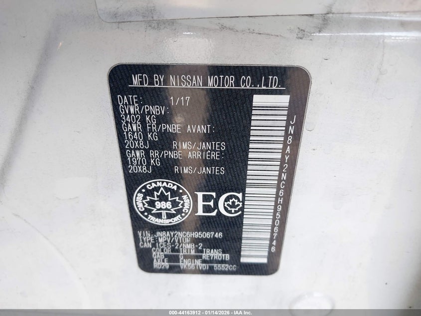 2017 Nissan Armada VIN JN8AY2NC6H9506746 IAAI salvage auction — RIGHT FRONT, Salvage (Utah), sold $6,350 on 2026-07-09 (photo 9)