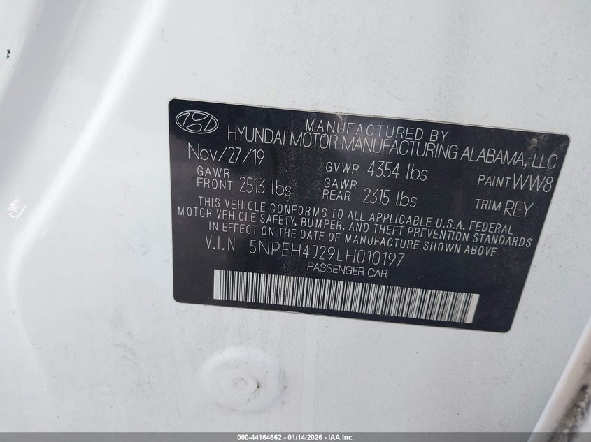 2020 Hyundai Sonata VIN 5NPEH4J29LH010197 IAAI salvage auction — FRONT END, Other, sold $2,100 on 2026-07-14 (photo 9)