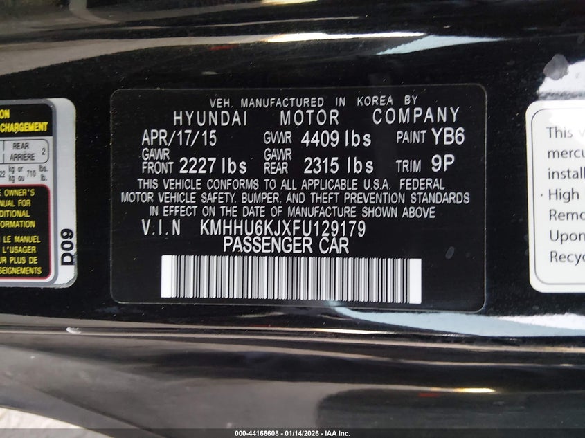 2015 Hyundai Genesis VIN KMHHU6KJXFU129179 IAAI salvage auction — ROLLOVER, Salvage Title, sold $225 on 2026-07-22 (photo 9)