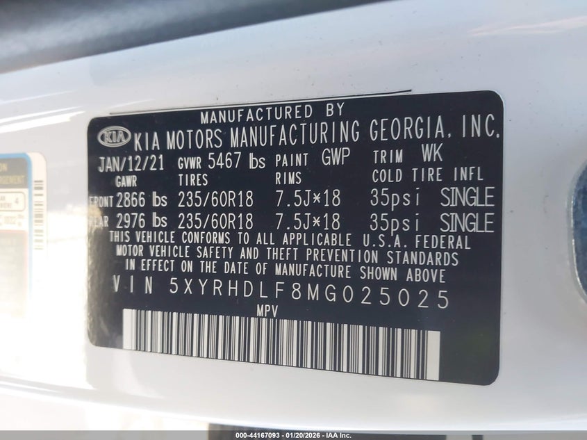 2021 Kia Sorento VIN 5XYRHDLF8MG025025 IAAI salvage auction — FRONT END, Salvage (Pennsylvania), sold $8,500 on 2026-07-28 (photo 9)