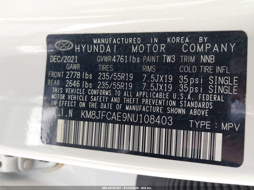 2022 Hyundai Tucson VIN KM8JFCAE9NU108403 IAAI salvage auction — FRONT & REAR, Salvage (North Carolina), sold $3,325 on 2026-07-31 (photo 9)