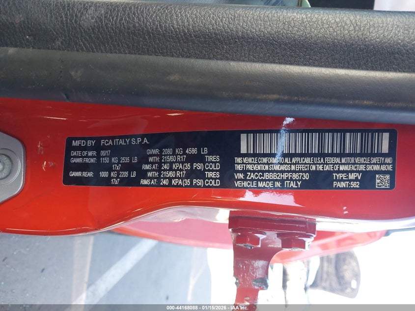2017 Jeep Renegade VIN ZACCJBBB2HPF86730 IAAI salvage auction — FRONT END, Salvage Title, sold $150 on 2026-08-19 (photo 9)