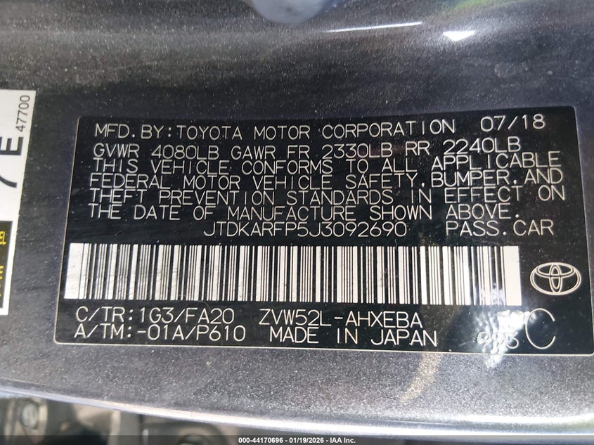 2018 Toyota Prius prime VIN JTDKARFP5J3092690 IAAI salvage auction — FRONT END, Salvage (California), sold $5,400 on 2026-07-17 (photo 9)