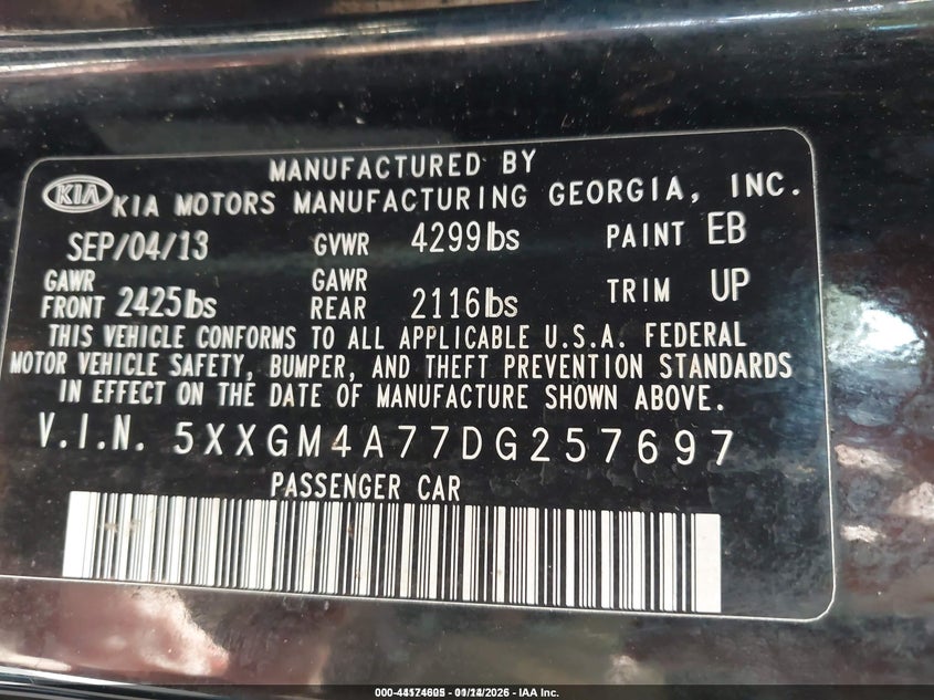 2013 Kia Optima VIN 5XXGM4A77DG257697 IAAI salvage auction — FRONT & REAR, Clear (Florida), sold $325 on 2026-07-21 (photo 9)