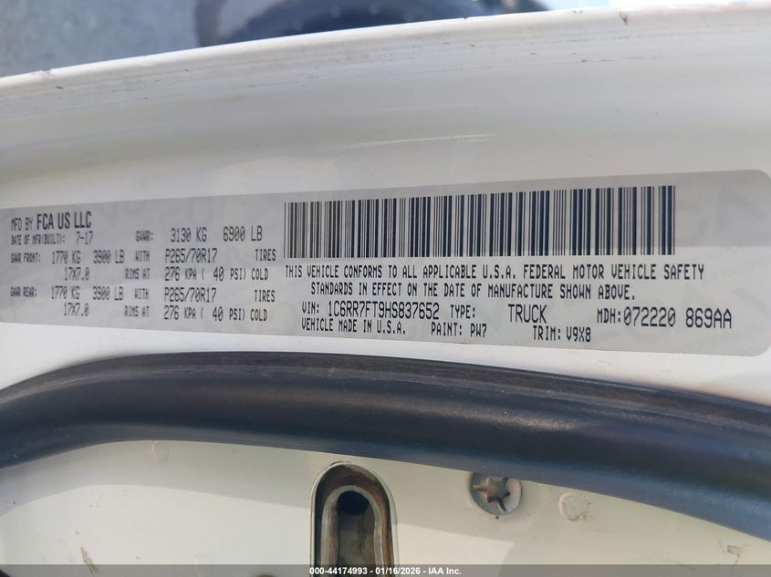 2017 Ram 1500 VIN 1C6RR7FT9HS837652 IAAI salvage auction — FRONT END, Non-Repairable (California), sold $3,450 on 2026-07-09 (photo 9)