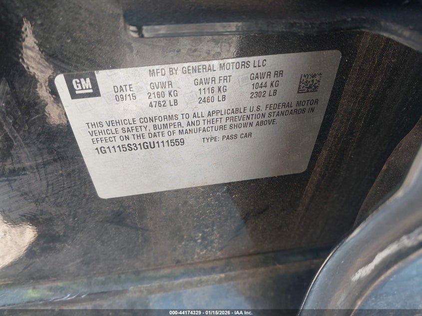 2016 Chevrolet Impala VIN 1G1115S31GU111559 IAAI salvage auction — FRONT END, Original (Texas), sold $50 on 2026-07-09 (photo 9)