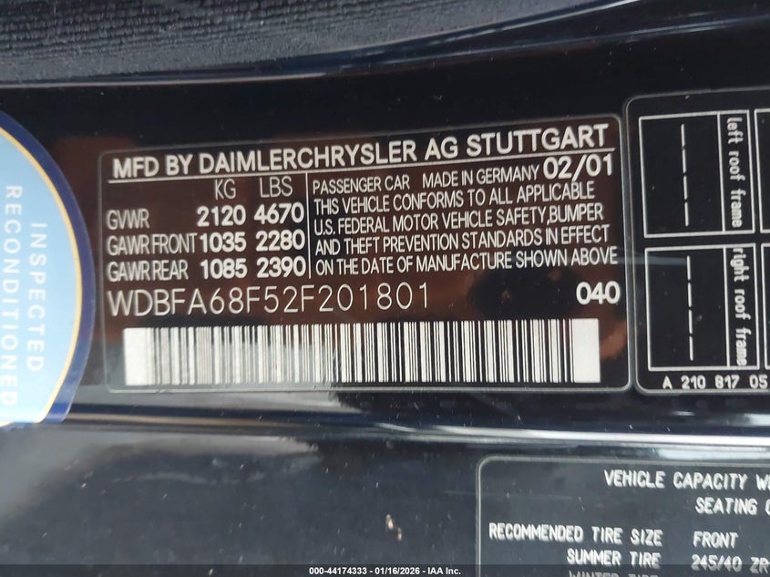 2002 Mercedes-benz Sl-klasse VIN WDBFA68F52F201801 IAAI salvage auction — FRONT END, Clear (Missouri), sold $5,400 on 2026-07-31 (photo 9)