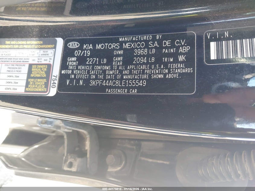 2020 Kia Forte VIN 3KPF44AC8LE155549 IAAI salvage auction — FRONT END, Salvage Title, sold $1,550 on 2026-07-21 (photo 9)