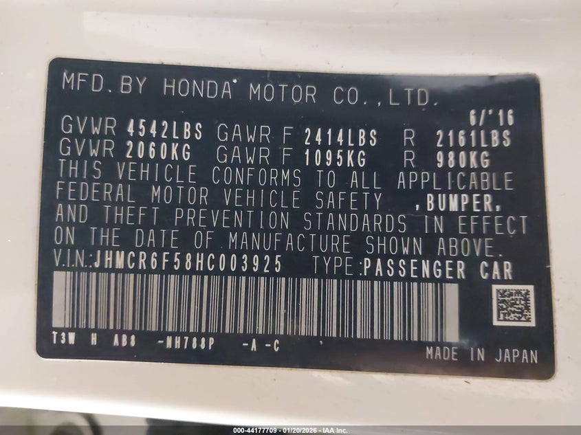 2017 Honda Accord VIN JHMCR6F58HC003925 IAAI salvage auction — FRONT & REAR, Salvage Title, sold $400 on 2026-07-28 (photo 9)