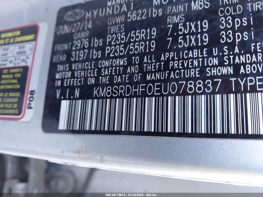 2014 Hyundai Santa fe VIN KM8SRDHF0EU078837 IAAI salvage auction — LEFT FRONT, Salvage Title, sold $1,850 on 2026-07-07 (photo 9)