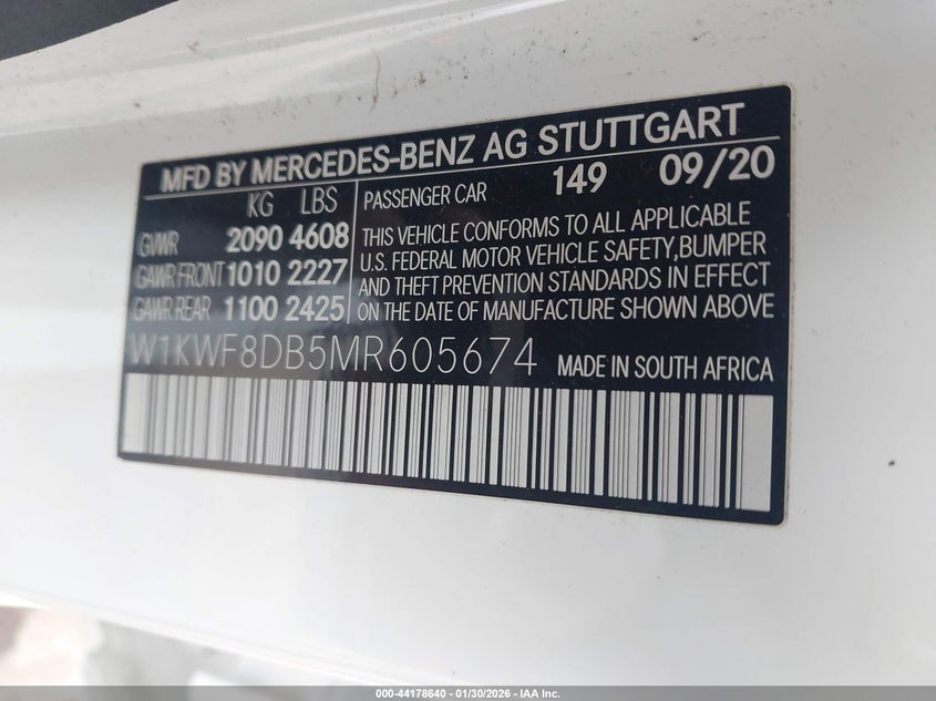 2021 Mercedes-benz C-klasse VIN W1KWF8DB5MR605674 IAAI salvage auction — FRONT END, Salvage (North Carolina), sold $9,900 on 2026-07-29 (photo 9)