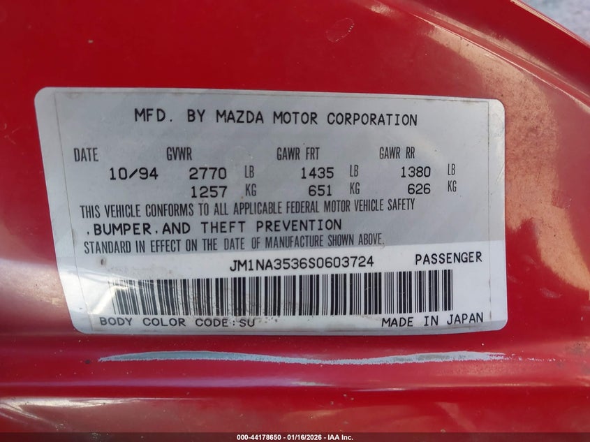 1995 Mazda Mx-5 miata VIN JM1NA3536S0603724 IAAI salvage auction — ALL OVER, Salvage (Texas), sold $800 on 2026-07-20 (photo 9)