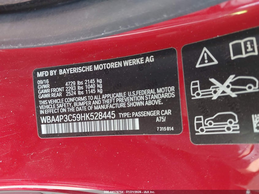 2017 BMW 4er VIN WBA4P3C59HK528445 IAAI salvage auction — FRONT & REAR, Salvage (South Carolina), sold $4,100 on 2026-07-06 (photo 9)