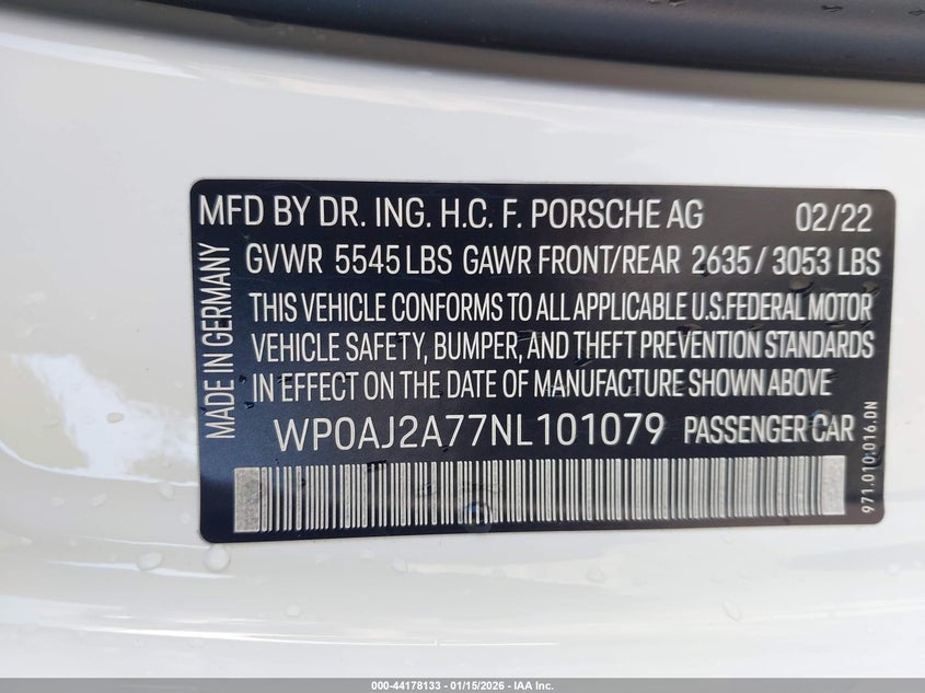2022 Porsche Panamera VIN WP0AJ2A77NL101079 IAAI salvage auction — FRONT END, Salvage Title, sold $29,775 on 2026-07-06 (photo 9)